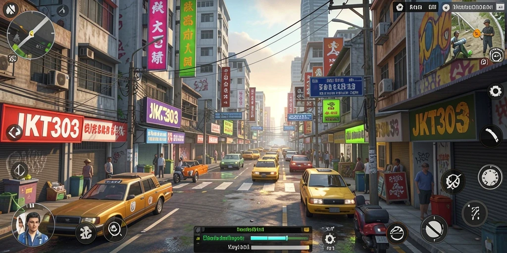 Screenshot JKT303 menampilkan pengalaman gameplay simulasi kehidupan kota.